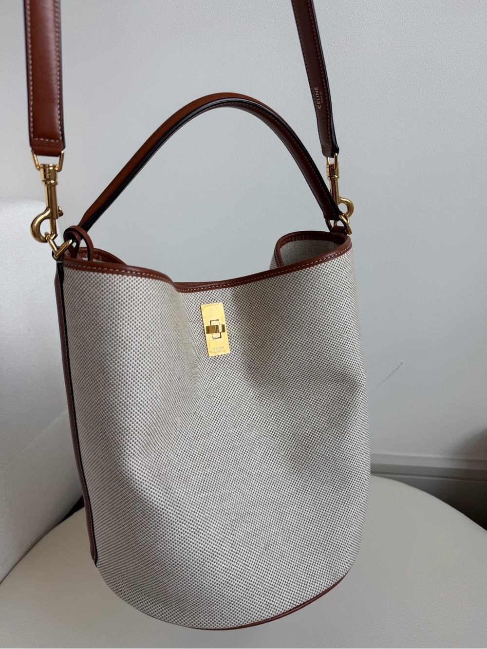 Celine Beige Canvas Bucket Bag with Brown Leather Trim and Gold Hardware - Picture 14 of 14